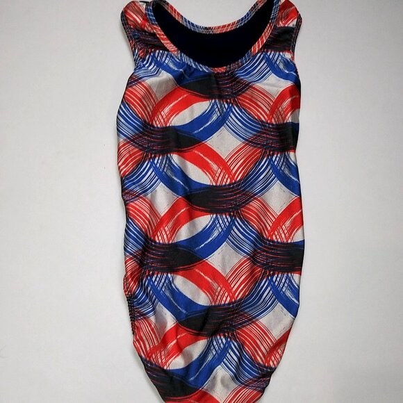 Plum Practicewear Gymnastics Leotard Abstract red blue circles Child Large CL - Picture 2 of 4